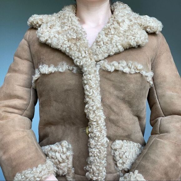 Vintage Womens Cottagecore Brown Tan Shearling Warm Winter Leather Jacket XS - Picture 5 of 10